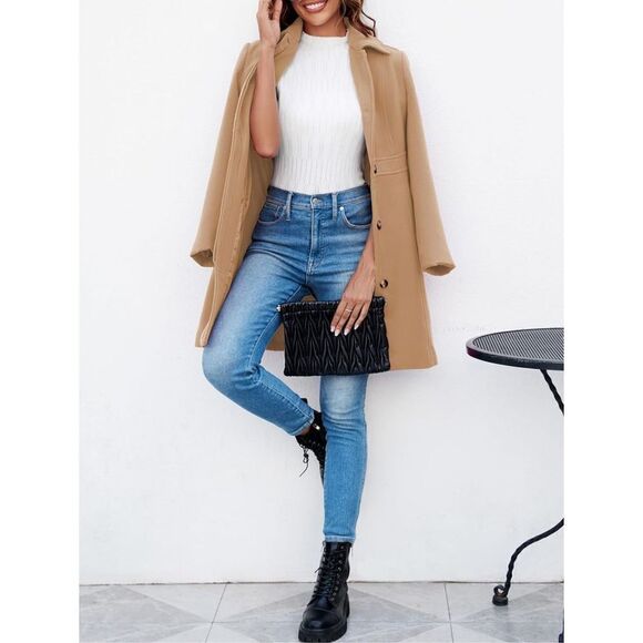 NEW Single Breasted Coat Long Sleeve Overcoat Career Pea Coat M - Picture 4 of 7